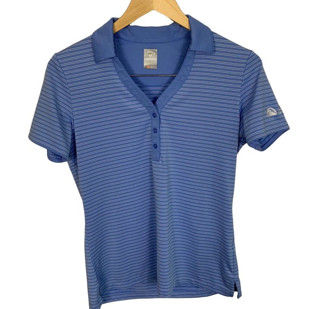 Callaway Opti-Dri Golf/Tennis Ladies SS V Neck Blue White Strip Top Size…
